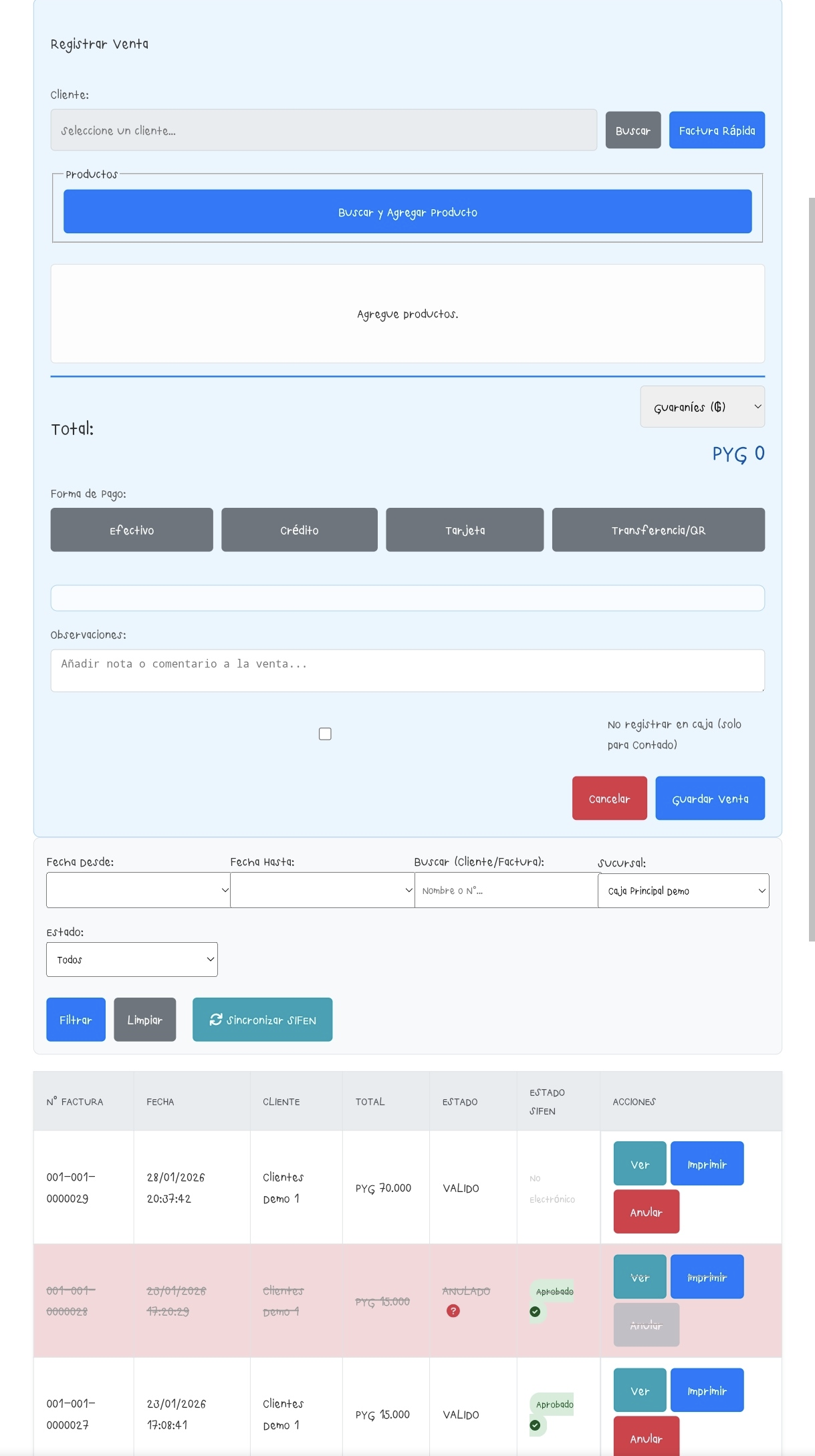 Pantalla de Registro de Ventas ERP